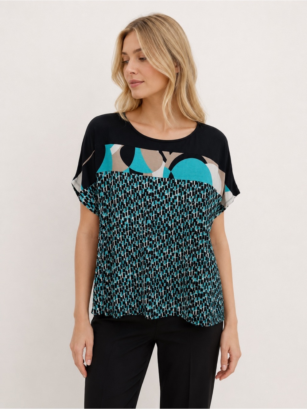 Dana Buchman Black & Aqua Geometric Short Sleeve Top